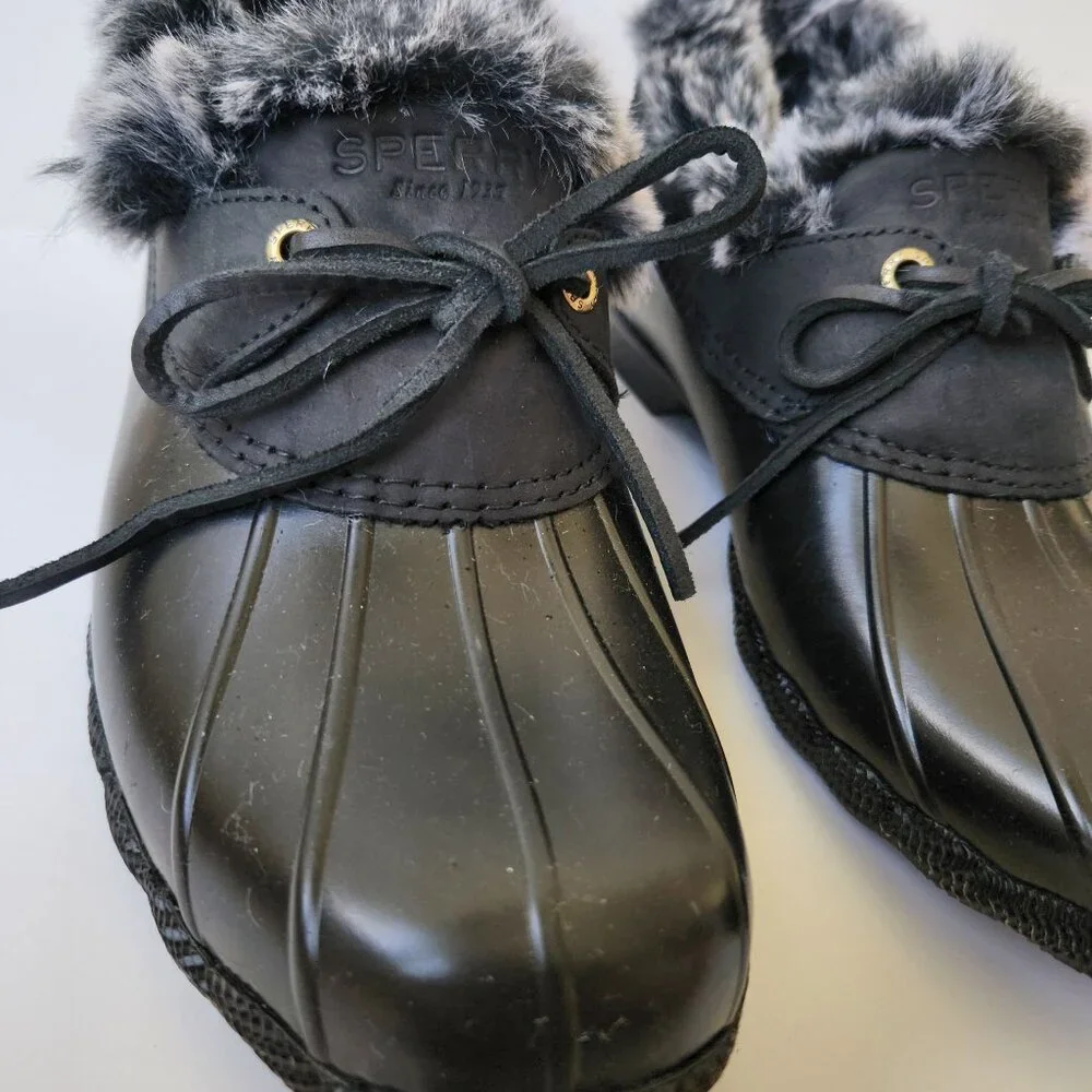 Sperry Top Sider Saltwater 1-Eye Black Duck Boots Faux Fur Cozy Cabincore 9M - Picture 10 of 12
